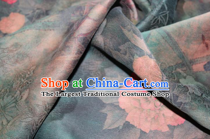 Chinese Classical Lotus Flowers Pattern Silk Drapery Traditional Gambiered Guangdong Gauze Cheongsam Dark Green Satin Fabric