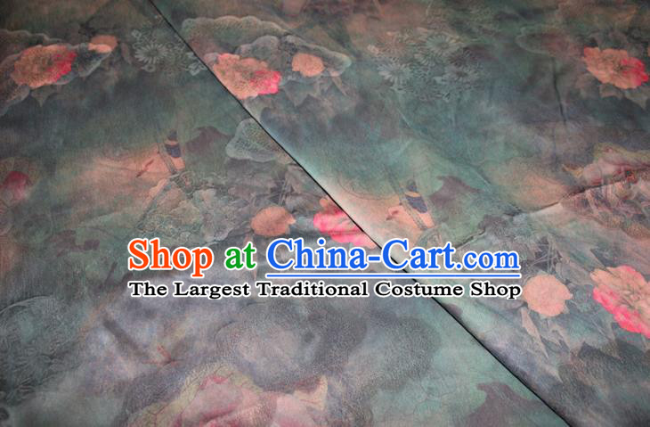 Chinese Classical Lotus Flowers Pattern Silk Drapery Traditional Gambiered Guangdong Gauze Cheongsam Dark Green Satin Fabric