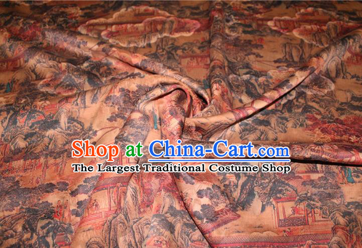 Chinese Classical Landscape Pattern Silk Drapery Traditional Gambiered Guangdong Gauze Cheongsam Ginger Satin Fabric