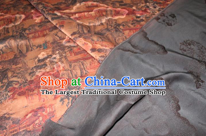 Chinese Classical Landscape Pattern Silk Drapery Traditional Gambiered Guangdong Gauze Cheongsam Ginger Satin Fabric