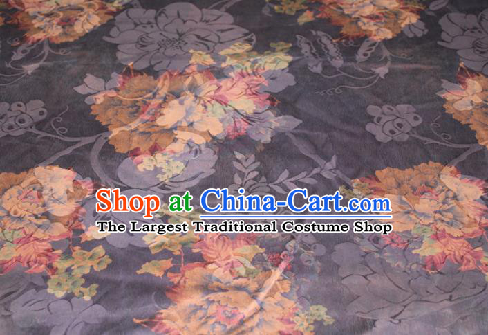 Chinese Classical Peony Pattern Silk Drapery Traditional Gambiered Guangdong Gauze Cheongsam Black Satin Fabric