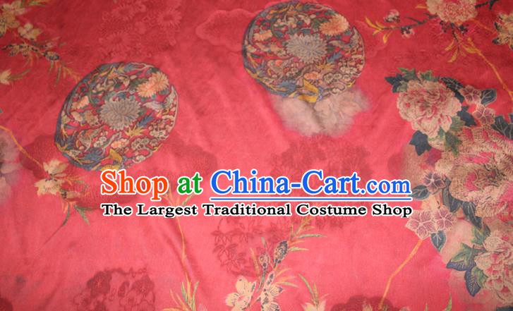 Chinese Classical Peony Chrysanthemum Pattern Silk Drapery Traditional Gambiered Guangdong Gauze Cheongsam Red Satin Fabric