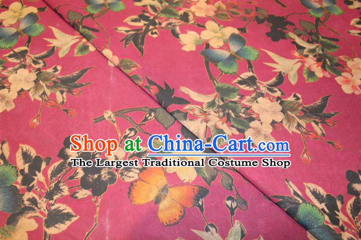 Chinese Classical Flowers Butterfly Pattern Silk Drapery Traditional Gambiered Guangdong Gauze Cheongsam Rosy Satin Fabric