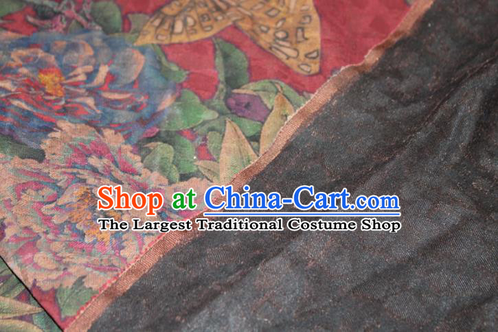 Chinese Classical Peony Butterfly Pattern Silk Drapery Traditional Gambiered Guangdong Gauze Cheongsam Red Satin Fabric