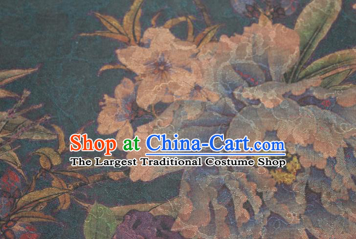 Chinese Classical Butterfly Peony Pattern Silk Drapery Traditional Gambiered Guangdong Gauze Cheongsam Navy Satin Fabric