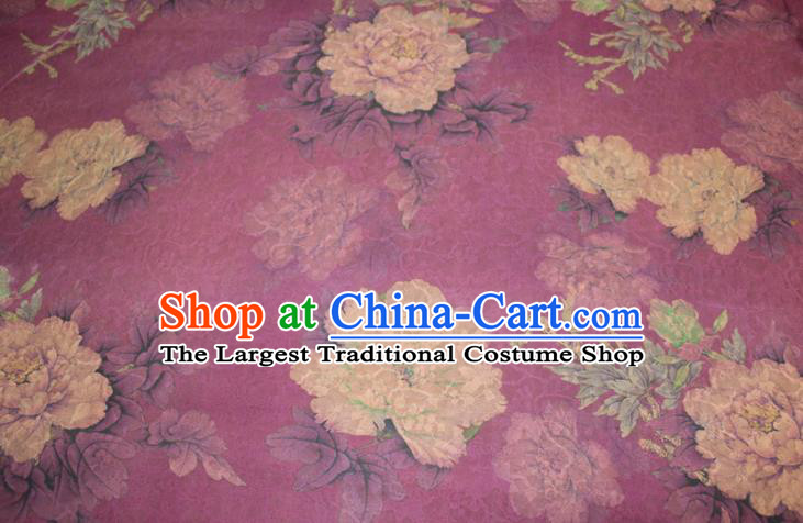 Chinese Classical Peony Pattern Silk Drapery Traditional Gambiered Guangdong Gauze Cheongsam Purple Satin Fabric