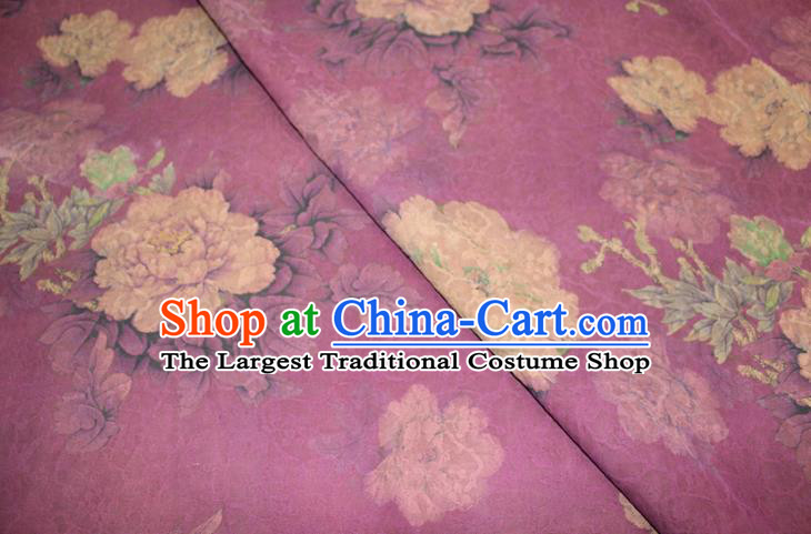 Chinese Classical Peony Pattern Silk Drapery Traditional Gambiered Guangdong Gauze Cheongsam Purple Satin Fabric