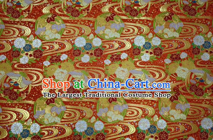 Asian Nishijin Tapestry Satin Traditional Sakura Phoenix Pattern Design Red Brocade Japanese Kimono Cloth Fabric
