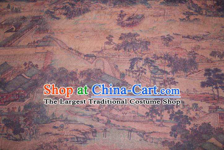 Chinese Cheongsam Ginger Satin Fabric Traditional Ginger Gambiered Guangdong Gauze Classical Scenery Pattern Silk Drapery