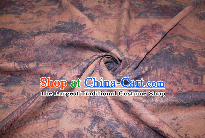Chinese Cheongsam Ginger Satin Fabric Traditional Ginger Gambiered Guangdong Gauze Classical Scenery Pattern Silk Drapery