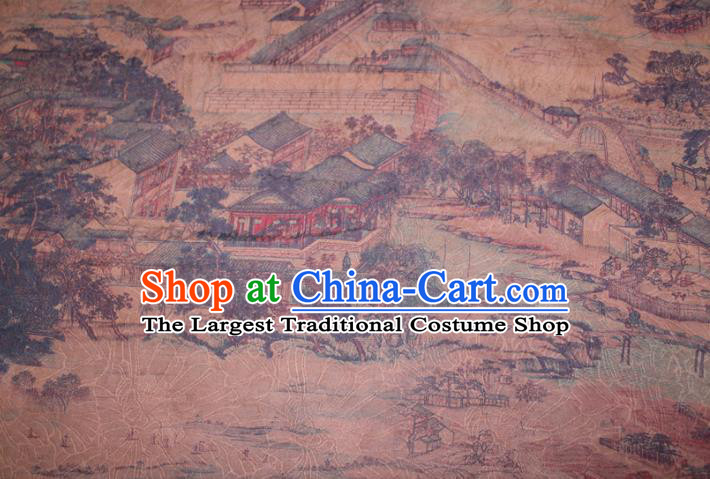 Chinese Cheongsam Ginger Satin Fabric Traditional Ginger Gambiered Guangdong Gauze Classical Scenery Pattern Silk Drapery
