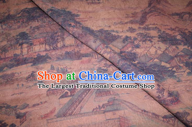 Chinese Cheongsam Ginger Satin Fabric Traditional Ginger Gambiered Guangdong Gauze Classical Scenery Pattern Silk Drapery