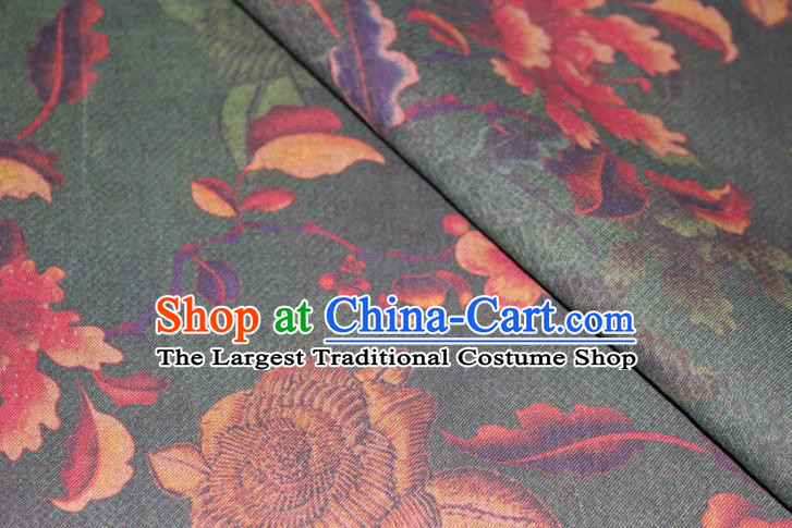 Chinese Cheongsam Deep Green Satin Fabric Traditional Ginger Gambiered Guangdong Gauze Classical Rose Pattern Silk Drapery