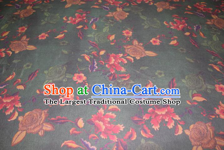 Chinese Cheongsam Deep Green Satin Fabric Traditional Ginger Gambiered Guangdong Gauze Classical Rose Pattern Silk Drapery