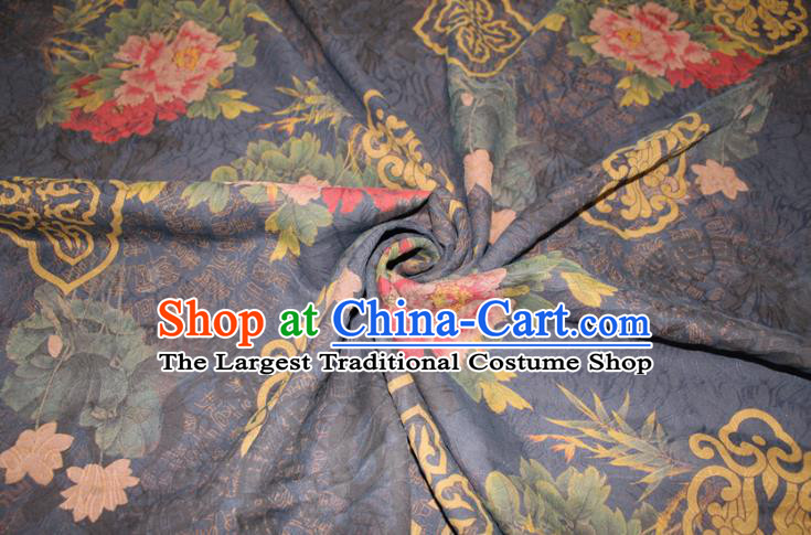 Chinese Cheongsam Navy Satin Fabric Traditional Ginger Gambiered Guangdong Gauze Classical Peony Flowers Pattern Silk Drapery