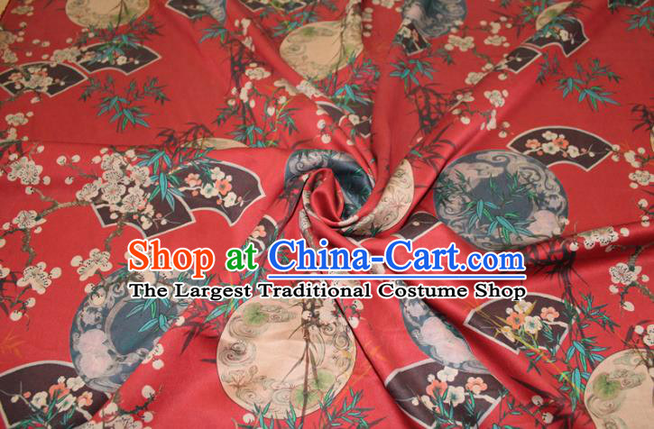 Chinese Cheongsam Red Satin Fabric Traditional Ginger Gambiered Guangdong Gauze Classical Plum Bamboo Fan Pattern Silk Drapery