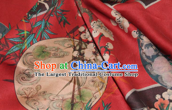 Chinese Cheongsam Red Satin Fabric Traditional Ginger Gambiered Guangdong Gauze Classical Plum Bamboo Fan Pattern Silk Drapery