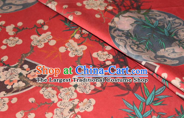 Chinese Cheongsam Red Satin Fabric Traditional Ginger Gambiered Guangdong Gauze Classical Plum Bamboo Fan Pattern Silk Drapery