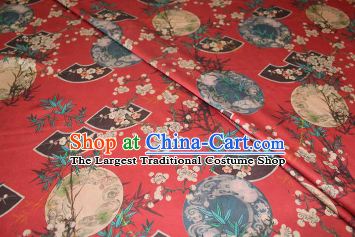 Chinese Cheongsam Red Satin Fabric Traditional Ginger Gambiered Guangdong Gauze Classical Plum Bamboo Fan Pattern Silk Drapery