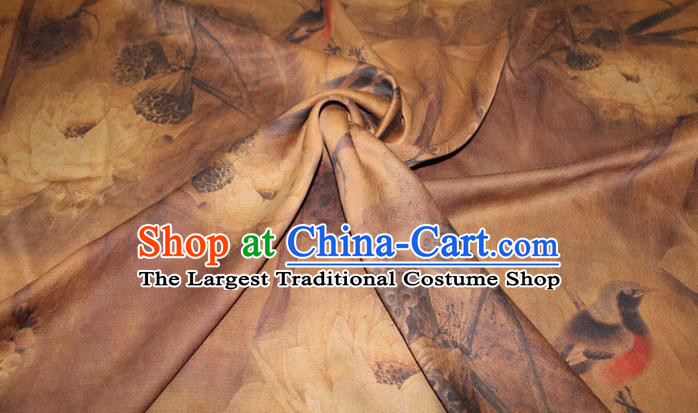 Chinese Cheongsam Ginger Satin Fabric Traditional Ginger Gambiered Guangdong Gauze Classical Lotus Birds Pattern Silk Drapery