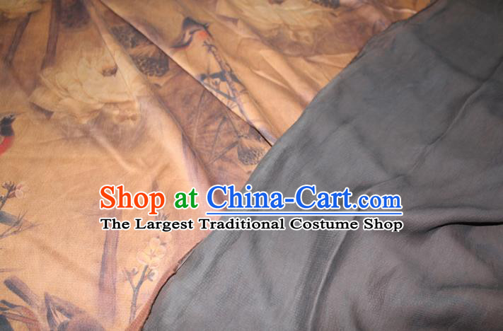 Chinese Cheongsam Ginger Satin Fabric Traditional Ginger Gambiered Guangdong Gauze Classical Lotus Birds Pattern Silk Drapery
