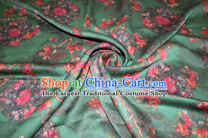 Chinese Traditional Green Gambiered Guangdong Gauze Cheongsam Satin Fabric Classical Rose Flowers Pattern Silk Drapery