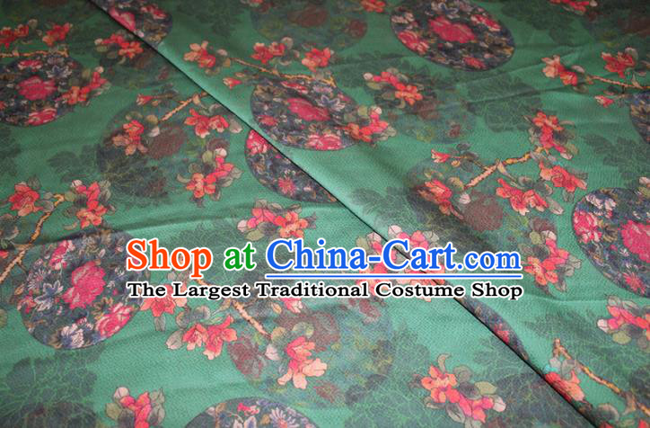 Chinese Traditional Green Gambiered Guangdong Gauze Cheongsam Satin Fabric Classical Rose Flowers Pattern Silk Drapery