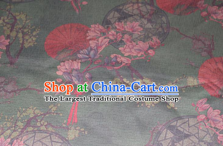 Chinese Cheongsam Green Satin Fabric Traditional Gambiered Guangdong Gauze Classical Mangnolia Pattern Silk Drapery