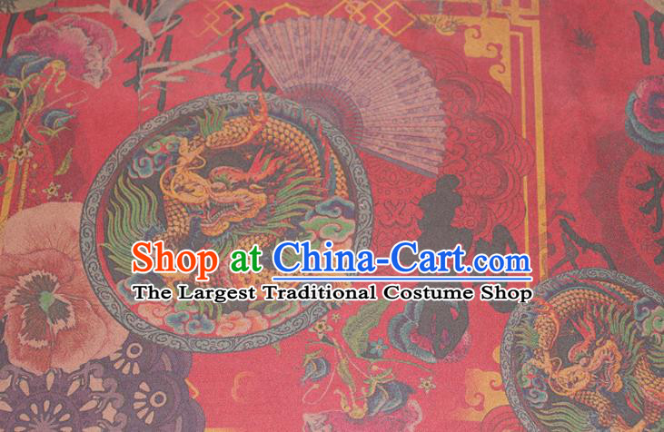 Chinese Cheongsam Red Satin Fabric Traditional Gambiered Guangdong Gauze Classical Bamboo Dragon Pattern Silk Drapery