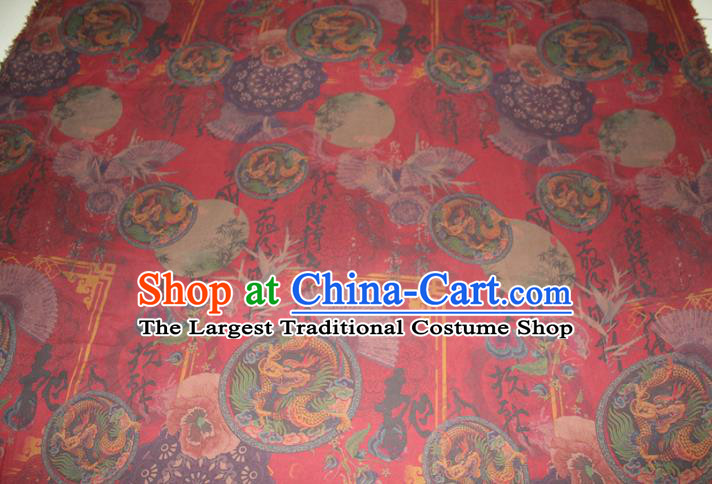 Chinese Cheongsam Red Satin Fabric Traditional Gambiered Guangdong Gauze Classical Bamboo Dragon Pattern Silk Drapery