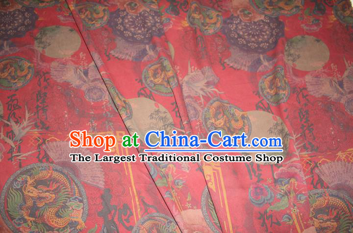 Chinese Cheongsam Red Satin Fabric Traditional Gambiered Guangdong Gauze Classical Bamboo Dragon Pattern Silk Drapery