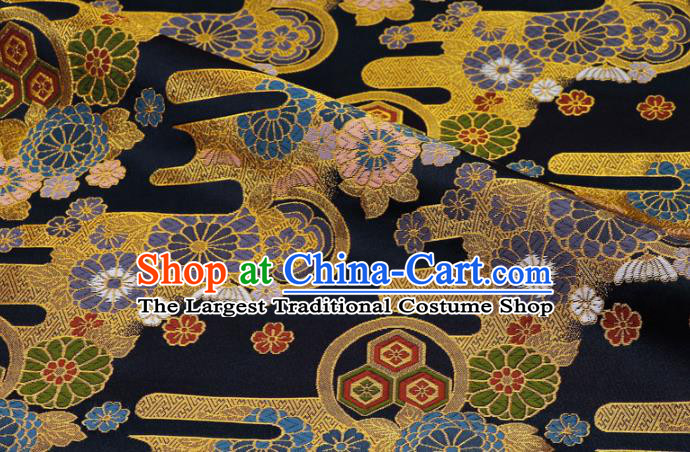 Asian Kimono Cloth Fabric Traditional Chrysanthemum Pattern Design Black Brocade Japanese Nishijin Tapestry Satin