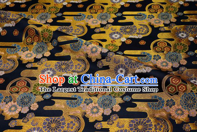 Asian Kimono Cloth Fabric Traditional Chrysanthemum Pattern Design Black Brocade Japanese Nishijin Tapestry Satin