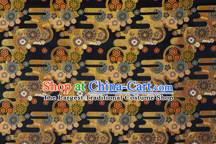 Asian Kimono Cloth Fabric Traditional Chrysanthemum Pattern Design Black Brocade Japanese Nishijin Tapestry Satin