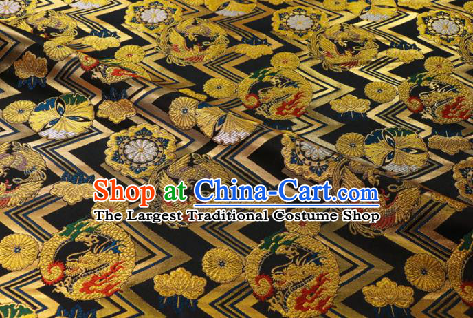 Asian Traditional Dragon Chrysanthemum Pattern Design Brocade Japanese Kimono Cloth Fabric Nishijin Black Tapestry Satin