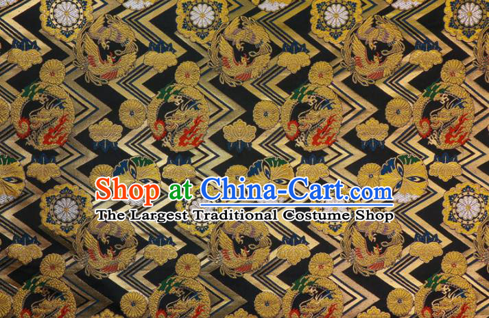 Asian Traditional Dragon Chrysanthemum Pattern Design Brocade Japanese Kimono Cloth Fabric Nishijin Black Tapestry Satin