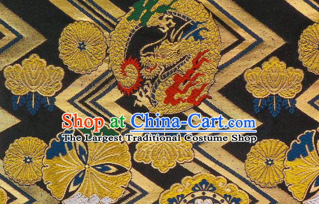 Asian Traditional Dragon Chrysanthemum Pattern Design Brocade Japanese Kimono Cloth Fabric Nishijin Black Tapestry Satin