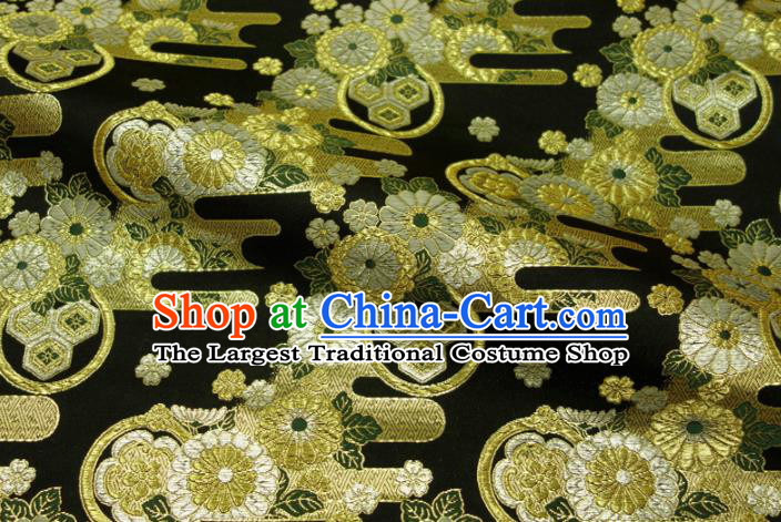Asian Kimono Nishijin Tapestry Satin Traditional Chrysanthemum Pattern Design Black Brocade Japanese Cloth Fabric