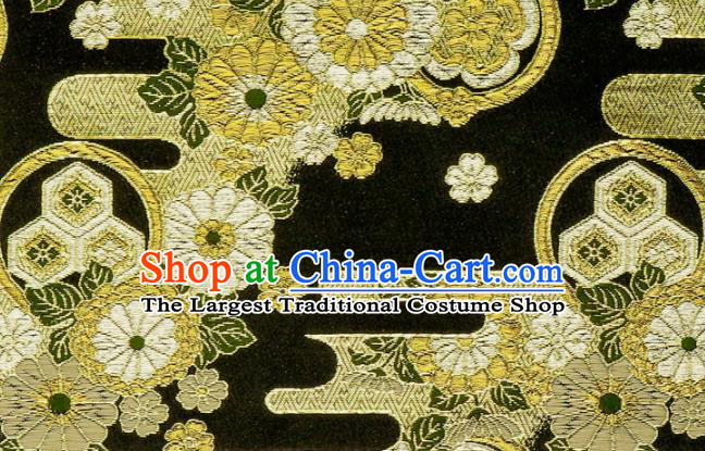 Asian Kimono Nishijin Tapestry Satin Traditional Chrysanthemum Pattern Design Black Brocade Japanese Cloth Fabric