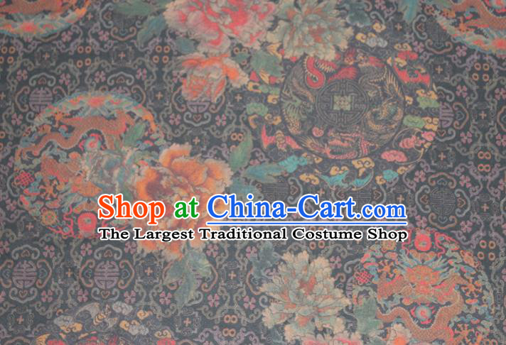 Chinese Traditional Cheongsam Satin Fabric Gambiered Guangdong Gauze Classical Peony Dragon Pattern Black Silk Drapery