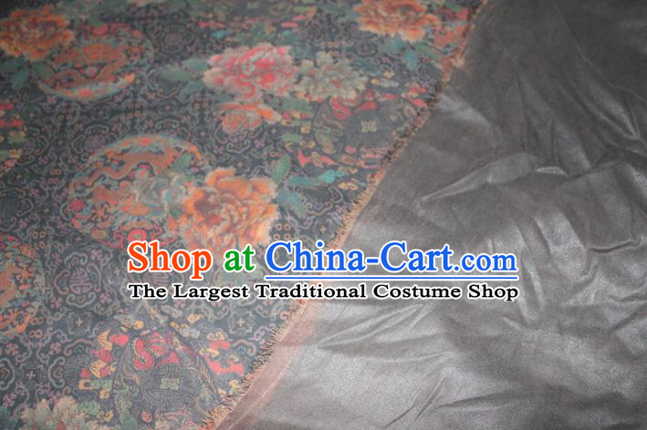 Chinese Traditional Cheongsam Satin Fabric Gambiered Guangdong Gauze Classical Peony Dragon Pattern Black Silk Drapery