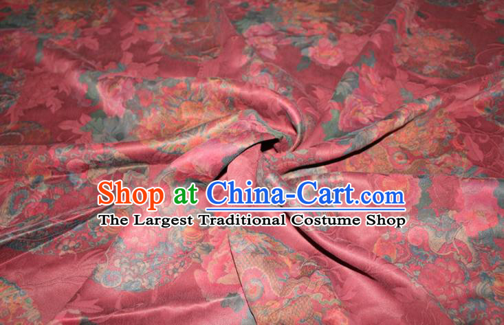 Chinese Traditional Red Gambiered Guangdong Gauze Cheongsam Satin Fabric Classical Dragon Peony Pattern Silk Drapery
