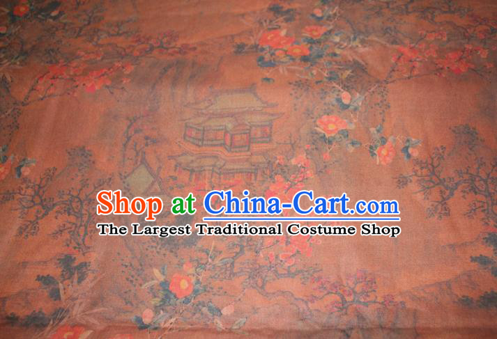 Chinese Traditional Ginger Gambiered Guangdong Gauze Cheongsam Satin Fabric Classical Plum Pavilion Pattern Silk Drapery