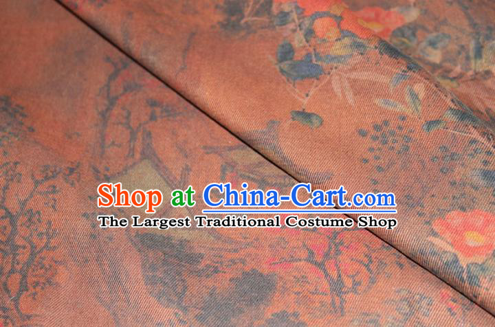 Chinese Traditional Ginger Gambiered Guangdong Gauze Cheongsam Satin Fabric Classical Plum Pavilion Pattern Silk Drapery