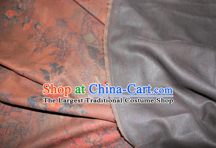 Chinese Traditional Ginger Gambiered Guangdong Gauze Cheongsam Satin Fabric Classical Plum Pavilion Pattern Silk Drapery