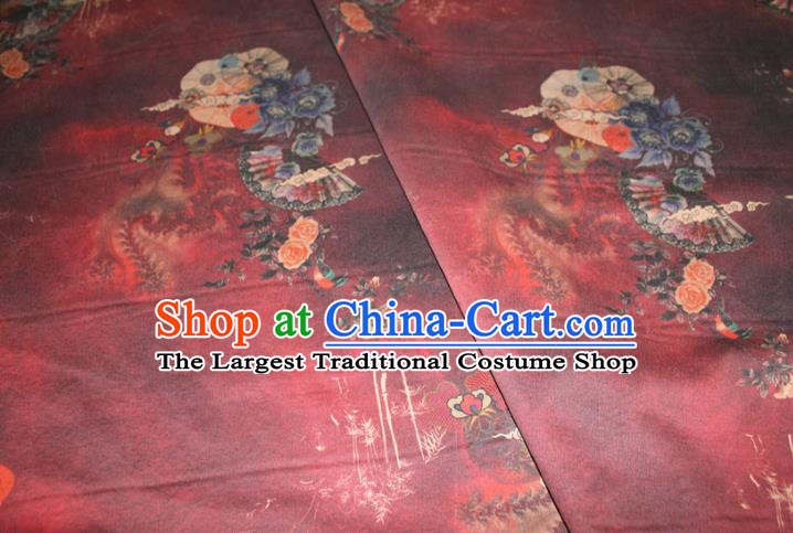 Chinese Traditional Wine Red Gambiered Guangdong Gauze Cheongsam Satin Fabric Classical Roses Pattern Silk Drapery