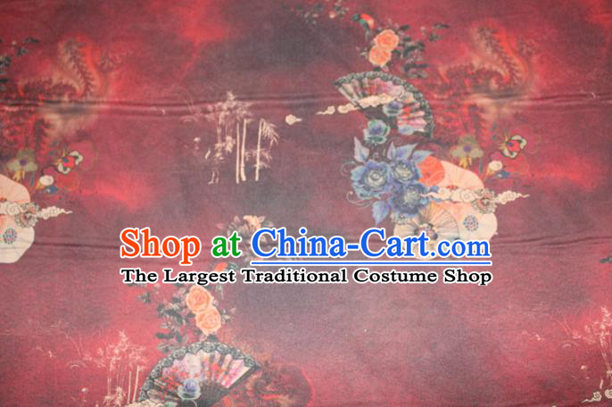 Chinese Traditional Wine Red Gambiered Guangdong Gauze Cheongsam Satin Fabric Classical Roses Pattern Silk Drapery