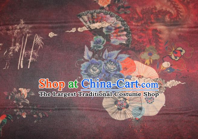 Chinese Traditional Wine Red Gambiered Guangdong Gauze Cheongsam Satin Fabric Classical Roses Pattern Silk Drapery