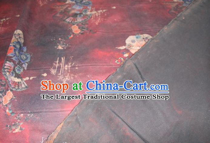 Chinese Traditional Wine Red Gambiered Guangdong Gauze Cheongsam Satin Fabric Classical Roses Pattern Silk Drapery