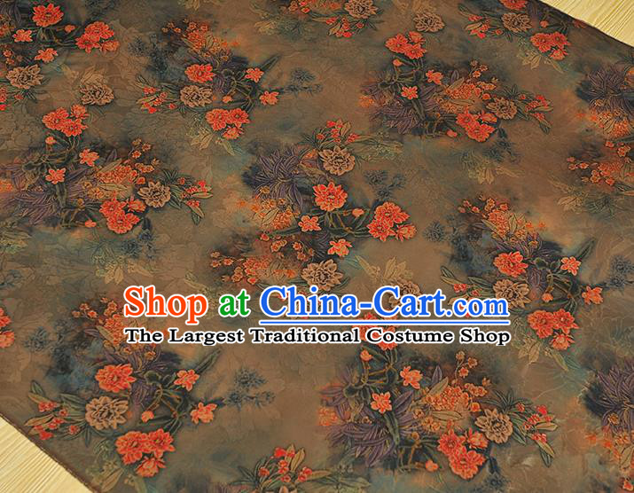 Chinese Classical Flowers Pattern Silk Drapery Traditional Gambiered Guangdong Gauze Cheongsam Light Green Satin Fabric